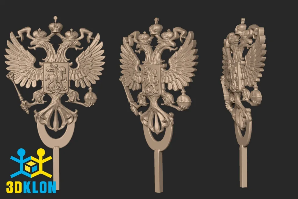 Цифровая 3D-модель наконечника с гербом России в виде двуглавого орла в трех ракурсах
