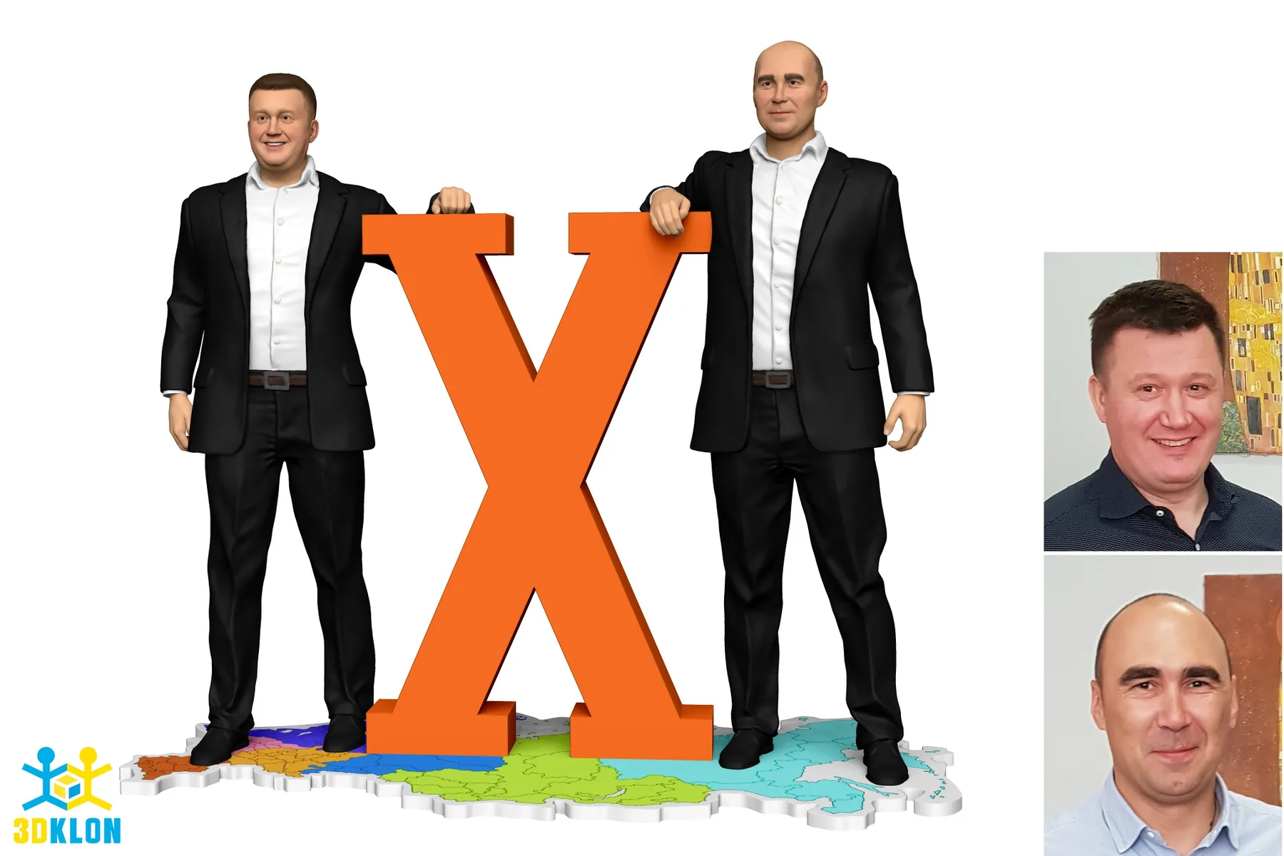3D-модели двух мужчин в строгих костюмах около буквы X по фотографиям