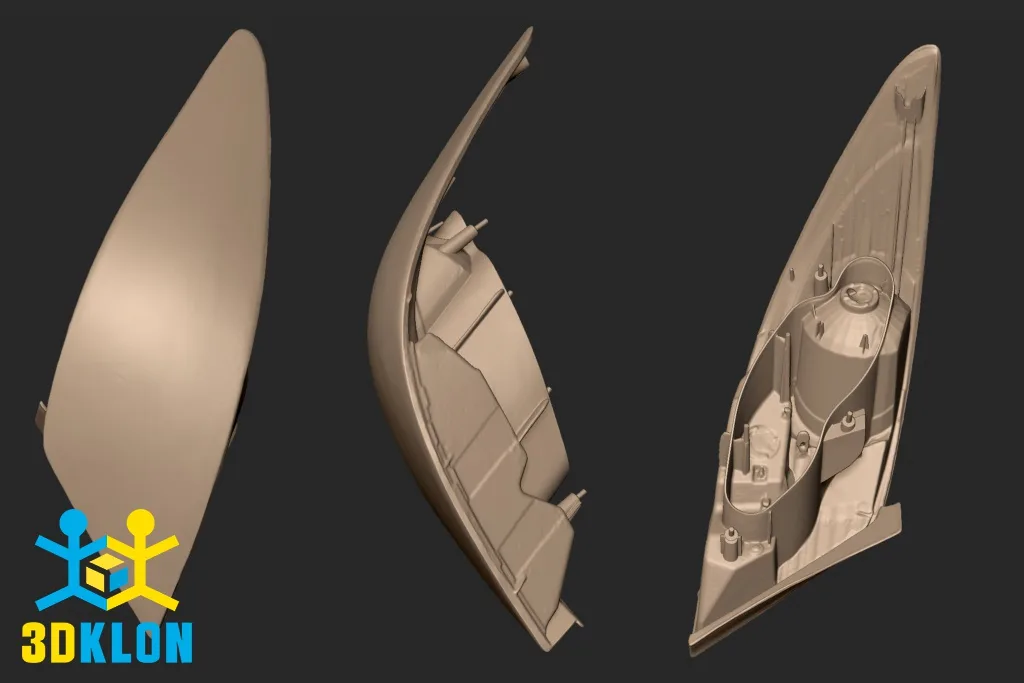 Трехмерная цифровая модель автомобильной фары в разных ракурсах после 3D-сканирования