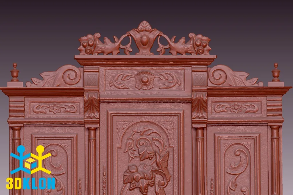 Цифровая 3D-модель резного верха старинного деревянного буфета с орнаментом