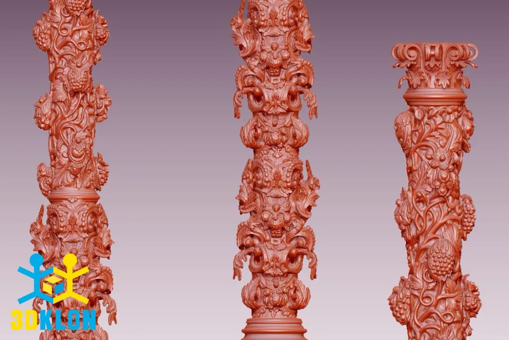 Цифровая 3D-модель резной декоративной колонны с капителью и сложным растительным орнаментом