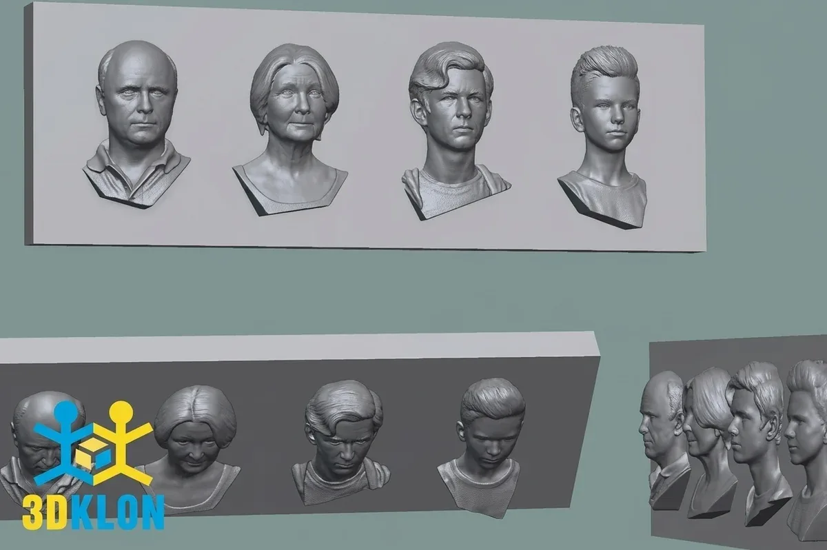 Барельефы с бюстами четырех людей в виде цифровой 3D-модели в разных ракурсах