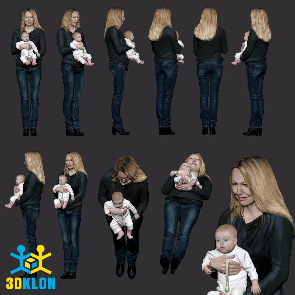 Цветная 3D-модель женщины в джинсах с младенцем на руках в различных ракурсах